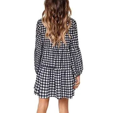 Womens Long Sleeve Shift Dress V Neck Plaid Cute Fall Swing Dress White L