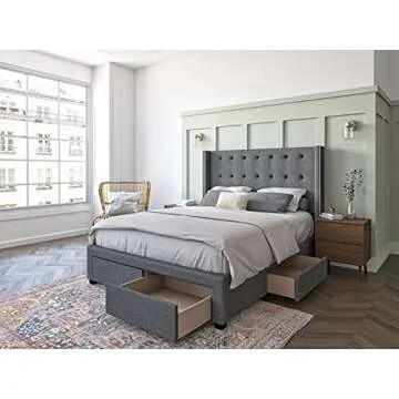 DG Casa Savoy Tufted Upholstered Wingback Panel Storage Bed, Queen in Grey Fabric