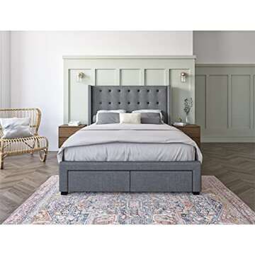 DG Casa Savoy Tufted Upholstered Wingback Panel Storage Bed, Queen in Grey Fabric