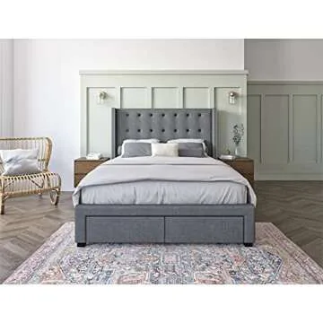 DG Casa Savoy Tufted Upholstered Wingback Panel Storage Bed, Queen in Grey Fabric