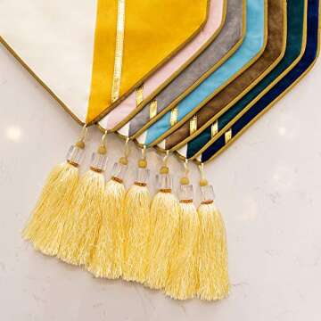 Avigers 12 x 59 Inch Decorative Luxury Grey White Gold Leather Striped Patchwork Velvet Table Runners with Tassels for Home Living Room Bedroom Art Decor Wedding