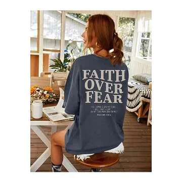 BANGELY Faith Over Fear Tshirt Women Oversized Christian Religious Sayings Tees Drop Shoulder Tee Tops Grey
