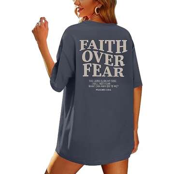 BANGELY Faith Over Fear Tshirt Women Oversized Christian Religious Sayings Tees Drop Shoulder Tee Tops Grey