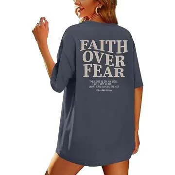 BANGELY Faith Over Fear Tshirt Women Oversized Christian Religious Sayings Tees Drop Shoulder Tee Tops Grey