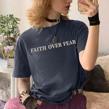 BANGELY Faith Over Fear Tshirt Women Oversized Christian Religious Sayings Tees Drop Shoulder Tee Tops Grey