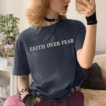 BANGELY Faith Over Fear Tshirt Women Oversized Christian Religious Sayings Tees Drop Shoulder Tee Tops Grey