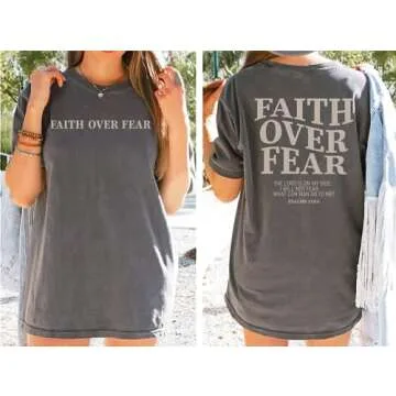 BANGELY Faith Over Fear Tshirt Women Oversized Christian Religious Sayings Tees Drop Shoulder Tee Tops Grey