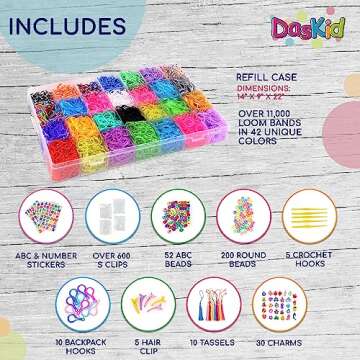 DasKid 12100+ Rubber Bands Refill Loom Set 11,000+ Loom Bands 42 Colors 600 Clips 200 Beads + 52 ABC Beads 30 Charms 10 Backpack Hooks 10 Tassels 5 Crochet Hooks 5 Hair Clips +ABC & Number Stickers