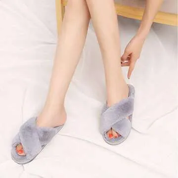 HUMIWA Gray Cross Slippers Fuzzy Fluffy Faux Fur House SPA Cute Open Toe Slippers for Women Girl/Wom...