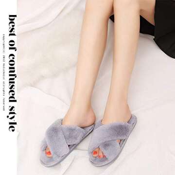 HUMIWA Gray Cross Slippers Fuzzy Fluffy Faux Fur House SPA Cute Open Toe Slippers for Women Girl/Women7-7.5 Men6-6.5
