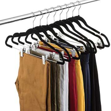 Zober Velvet Hangers with Clips - Pack of 20 Metal Clip Hangers for Pants - Notched Black Velvet Skirt Hangers for Pants, Skirts, Suits, Dresses & Shirts w/ 360 Degree Hook - Non Slip Felt Hangers