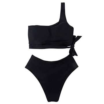 MOOSLOVER Women One Shoulder High Waisted Bikini Tie High Cut Two Piece Swimsuits(L,Black)
