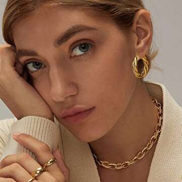 Twisted Gold Hoop Earrings for Women, Thick Chunky Hoops Hypoallergenic Vintage Twist Earings Big