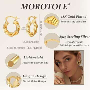 Twisted Gold Hoop Earrings for Women, Thick Chunky Hoops Hypoallergenic Vintage Twist Earings Big