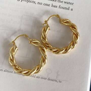 Twisted Gold Hoop Earrings for Women, Thick Chunky Hoops Hypoallergenic Vintage Twist Earings Big
