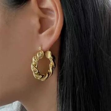 Twisted Gold Hoop Earrings for Women, Thick Chunky Hoops Hypoallergenic Vintage Twist Earings Big