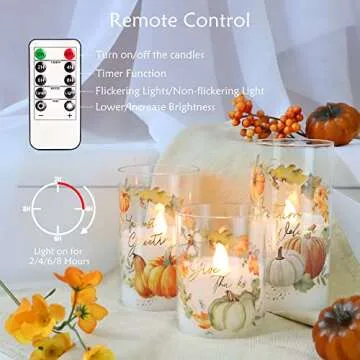 GORGE MOMENT Flameless LED Candles for Easter with Remote Timer Set of 3 Warm Lights DIM Home Decor Battery Operated Pumpkin Maple Leaves Painting Harvest Ornament Autumn