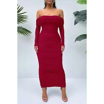 PRETTYGARDEN Women's Fall Off Shoulder Maxi Bodycon Dress Long Sleeve Ruched Fitted Club Dresses with Slit (Red,Small)