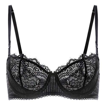 DOBREVA Women's Sexy Lace Push Up Plus Size Bra - Sheer Balconette Underwire in Black with Eyelash L...