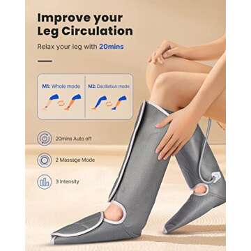 RENPHO Leg Compression Massager for Circulation and Relaxation, Rechargeable Air Compression Foot and Calf Massage, 2 Modes, for Leg Muscle Fatigue Relief, Gifts for Men Women