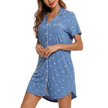 Senert Loungewear Nightgown Ultra-Soft Button Down Sleepwear for Women Lake Blue