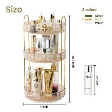 Aveniee 360 Rotating Makeup Organizer for Vanity, Skincare Perfume Organizers Large, Clear Bathroom Counter Organizer for Cosmetics Lipsticks, Spinning Bathroom Organizer Shelf Holder(3 Tiers, Gold)