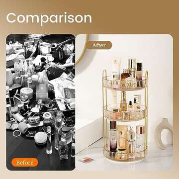 Aveniee 360 Rotating Makeup Organizer for Vanity, Skincare Perfume Organizers Large, Clear Bathroom Counter Organizer for Cosmetics Lipsticks, Spinning Bathroom Organizer Shelf Holder(3 Tiers, Gold)