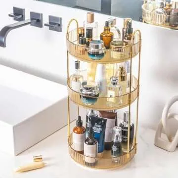 Aveniee 360 Rotating Makeup Organizer for Vanity, Skincare Perfume Organizers Large, Clear Bathroom Counter Organizer for Cosmetics Lipsticks, Spinning Bathroom Organizer Shelf Holder(3 Tiers, Gold)