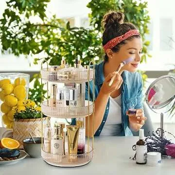 Aveniee 360 Rotating Makeup Organizer for Vanity, Skincare Perfume Organizers Large, Clear Bathroom Counter Organizer for Cosmetics Lipsticks, Spinning Bathroom Organizer Shelf Holder(3 Tiers, Gold)
