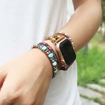 YGLINE Beaded Bracelet Compatible with Apple Watch Band 38mm/41mm,Wraps Leather Braided Natural Stone Strap for Women iWatch Series SE 7 6 5 4 3 2 1