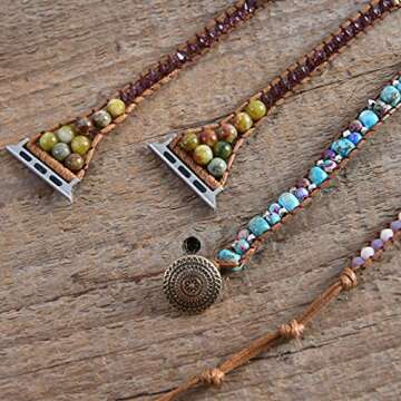 YGLINE Beaded Bracelet Compatible with Apple Watch Band 38mm/41mm,Wraps Leather Braided Natural Stone Strap for Women iWatch Series SE 7 6 5 4 3 2 1