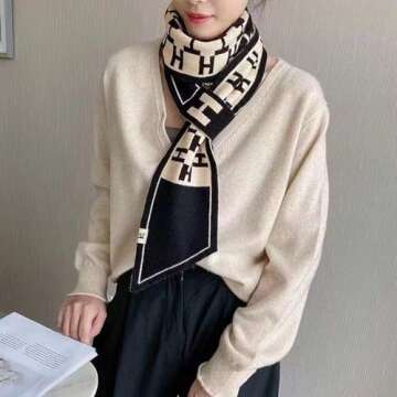 LumiSyne Skinny Knitted Scarf Women Winter Pull-Through Design Plaid Letter Pattern Narrow Long Neck...