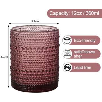 ZMOWIPDL Vintage Glassware Drinking Glasses Set of 6,12 oz Hobnail Glass Cups,Embossed Purple Water ...