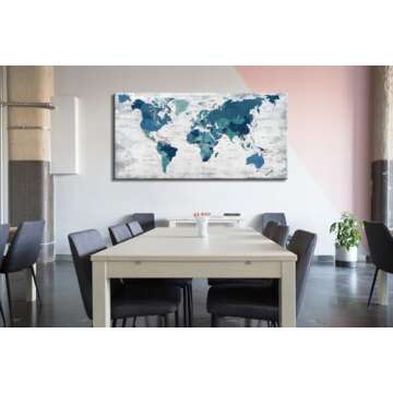 Canvas Wall Art World Map Pictures for Living Room Office Farmhouse Wall Decoration Abstract Print Art Teal Decor Rustic Map of the world Picture Framed Artwork for Home Office Decoration 48x24inch