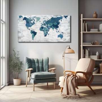 Canvas Wall Art World Map Pictures for Living Room Office Farmhouse Wall Decoration Abstract Print Art Teal Decor Rustic Map of the world Picture Framed Artwork for Home Office Decoration 48x24inch