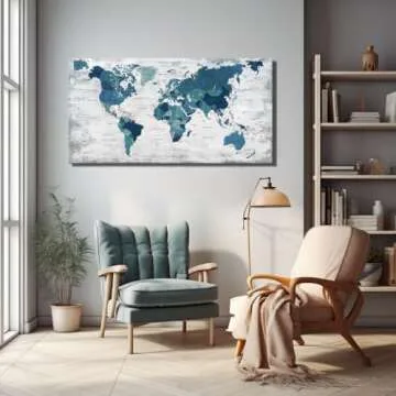 Canvas Wall Art World Map Pictures for Living Room Office Farmhouse Wall Decoration Abstract Print Art Teal Decor Rustic Map of the world Picture Framed Artwork for Home Office Decoration 48x24inch