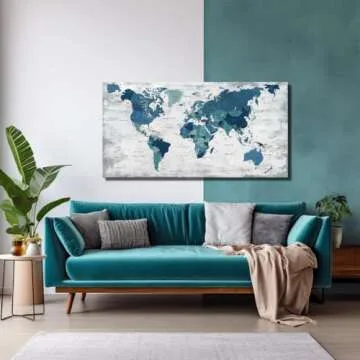 Canvas Wall Art World Map Pictures for Living Room Office Farmhouse Wall Decoration Abstract Print Art Teal Decor Rustic Map of the world Picture Framed Artwork for Home Office Decoration 48x24inch