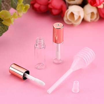 25 Pack Empty Lip Gloss Tubes Containers, Clear Mini Refillable Lip Balm Bottles with Rubber Inserts and Transfer Pipettes for Different Samples Travel Split Charging DIY Makeup (1.2 ML, Rose Gold)