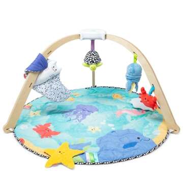 Melissa & Doug Ocean Easy-Fold Wooden Play Gym for Infants, Reversible Mat, 5 Soft Toys, Birth to 9 Months - FSC-Certified