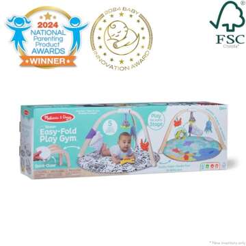 Melissa & Doug Ocean Easy-Fold Wooden Play Gym for Infants, Reversible Mat, 5 Soft Toys, Birth to 9 Months - FSC-Certified