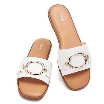 vodvob Women's Flat Sandals Fashion Square Open Toe Metal Chain Summer Dressy Sandals Slip On Casual...