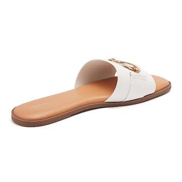 vodvob Women's Flat Sandals Fashion Square Open Toe Metal Chain Summer Dressy Sandals Slip On Casual Slides