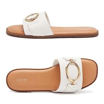 vodvob Women's Flat Sandals Fashion Square Open Toe Metal Chain Summer Dressy Sandals Slip On Casual Slides