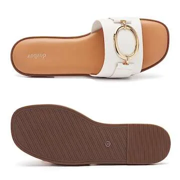 vodvob Women's Flat Sandals Fashion Square Open Toe Metal Chain Summer Dressy Sandals Slip On Casual Slides