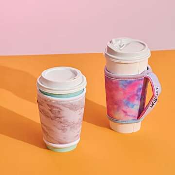 Go Cuff Hot And Iced Coffee Cup Reusable Sleeves Neoprene Insulator with Handle for Cold And Hot Beverage Compatible with many and Other Coffee Cups – Pastel Tie Dye Medium: 14-28 oz