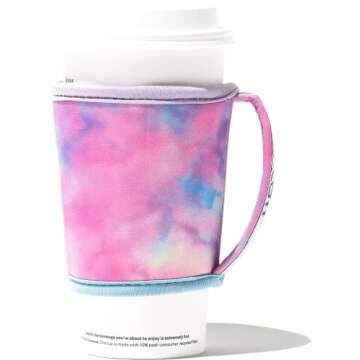 Go Cuff Hot And Iced Coffee Cup Reusable Sleeves Neoprene Insulator with Handle for Cold And Hot Beverage Compatible with many and Other Coffee Cups – Pastel Tie Dye Medium: 14-28 oz