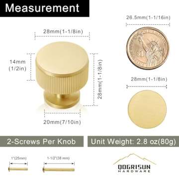 QOGRISUN 10-Pack Solid Brass Cabinet Knobs - Grooved Design, Elegant Finish