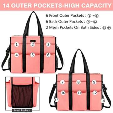 IBFUN Utility Tote Bag with 24 Exterior Interior Pockets Zip Top Teacher Tote Bag for Teacher/Work Women(Large)