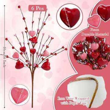 6 Pcs Valentine's Day Heart Berries,Valentines Day Picks,16 Inch Valentines Flowers Artificial,Red a...