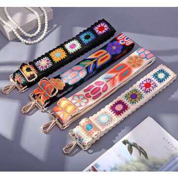 Greaciary Wide Purse straps Crochet Flower replacement crossbody for Handbags Adjustable Embroidery Knit Guitar Shoulder strap for Bag (off white)